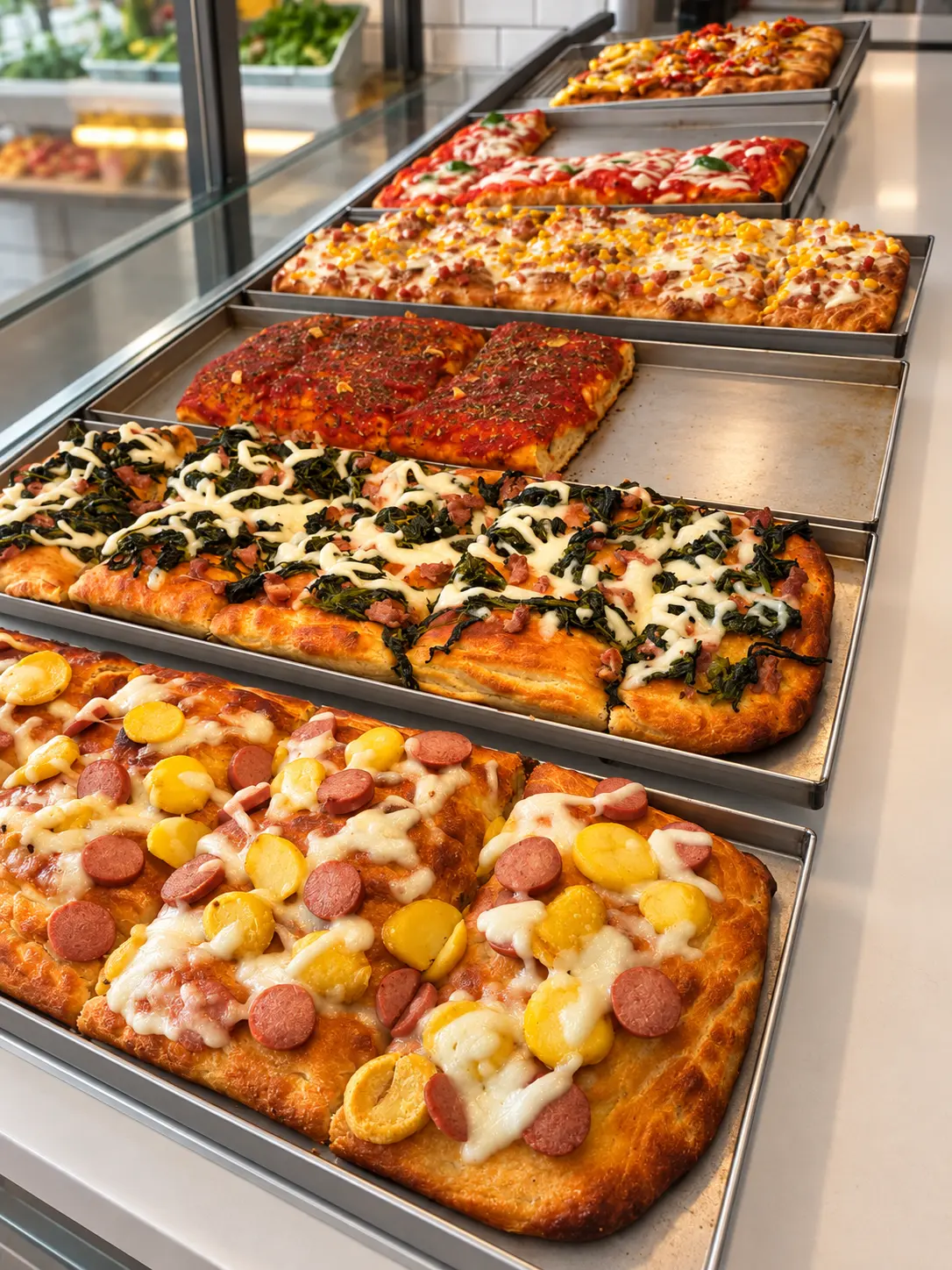 Teglie di pizza esposte al banco Tranciotto